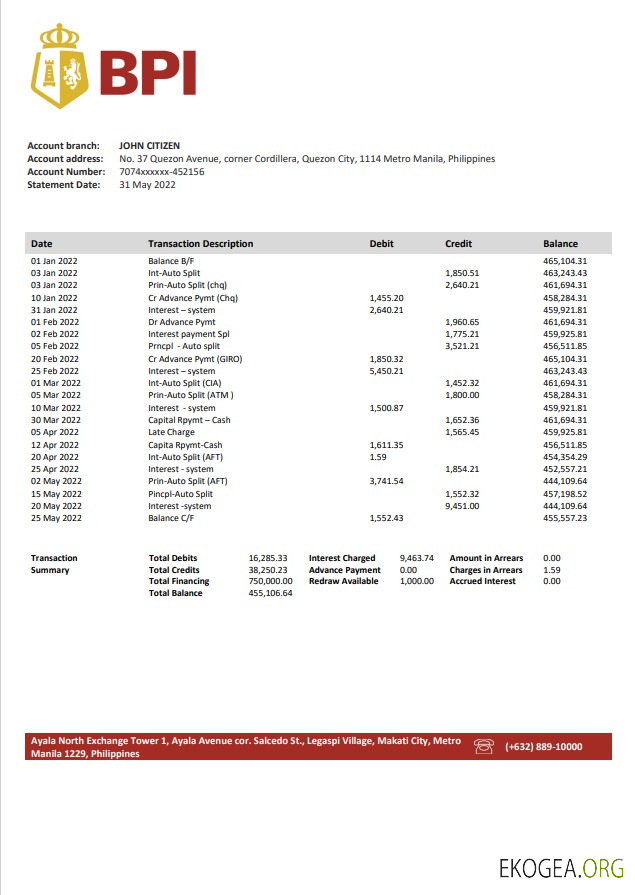 Modèle de relevé bancaire de la Banque des îles Philippines des Philippines au format Word et PDF